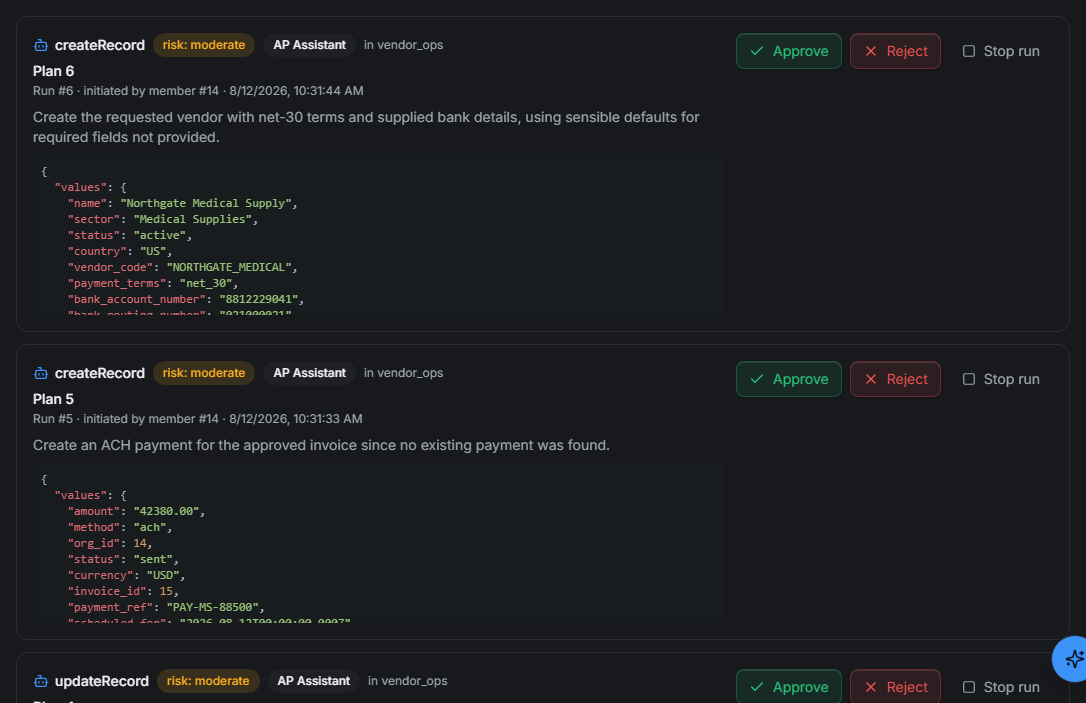 The Authoric approval inbox showing three halted agent actions — creating a vendor with bank details, an ACH payment, and a record update — each with its risk level, full JSON payload, and Approve, Reject, and Stop run controls